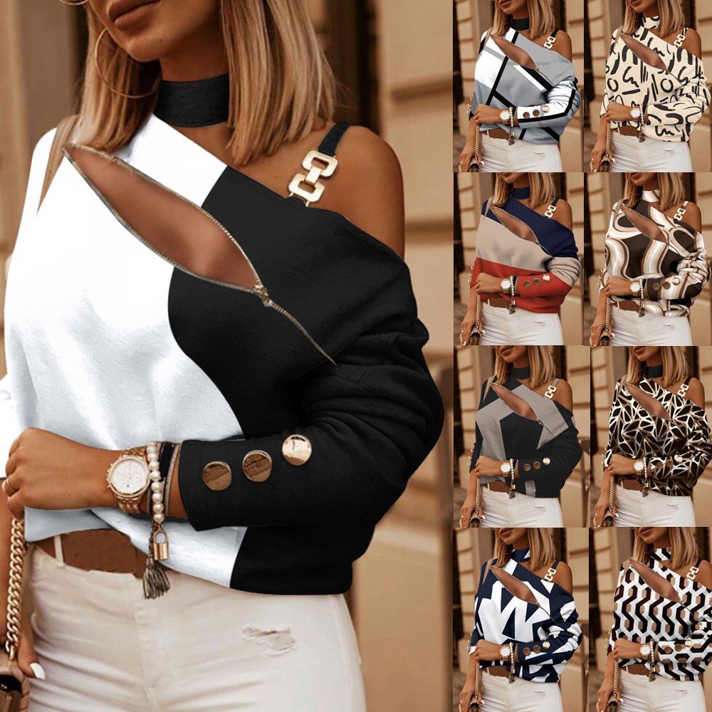 Women Fashion Blouse - Off-shoulder blouse voor dames met knoopdetail,