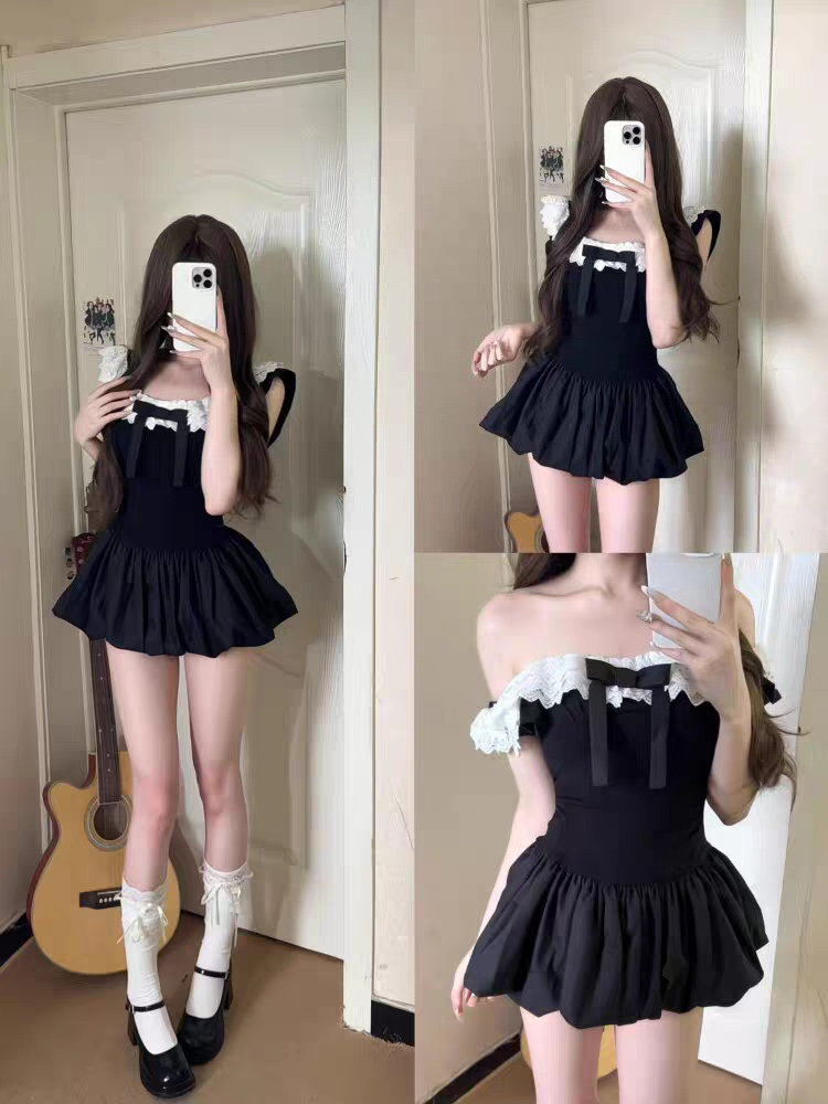 Ruched Dress Mini - Coquette Koreaans sexy off-shoulder kant-trim strik