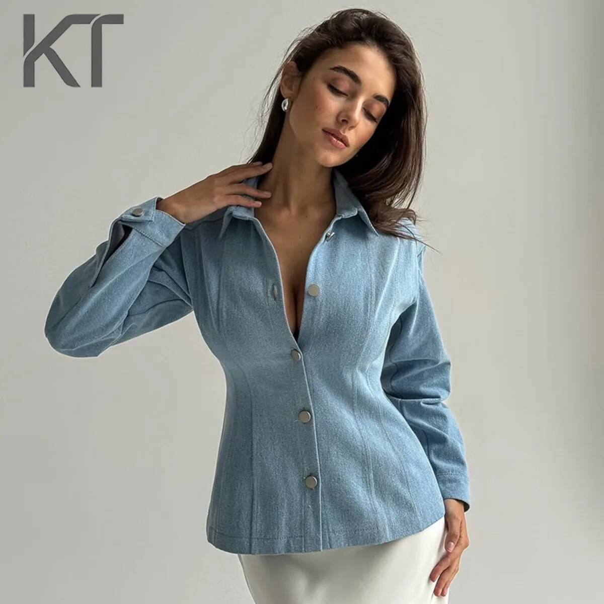 Women Fashion Blouse - KT Vintage Tailleerend Denim Shirt voor