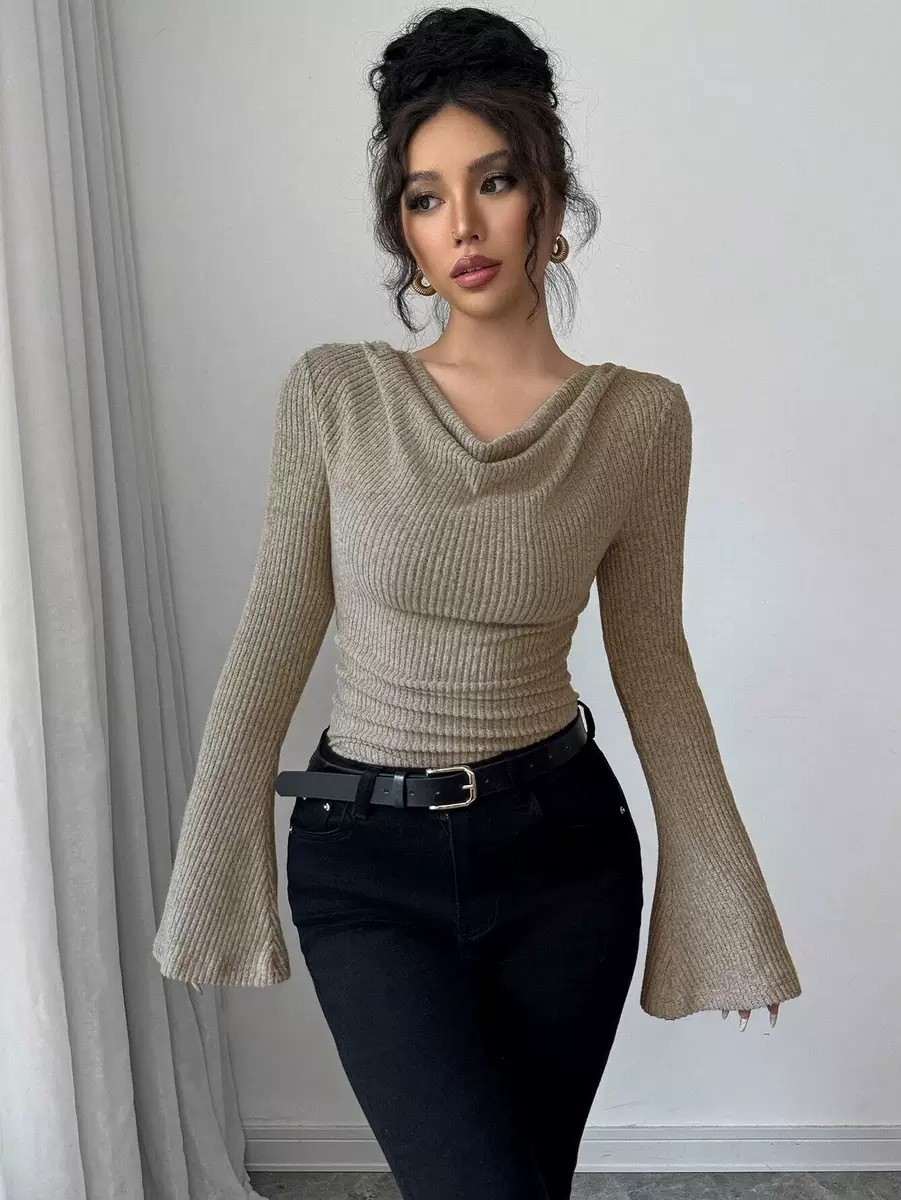 Women Fashion Blouse - Damesblouse Off-Shoulder Cowl Neck Top Effen