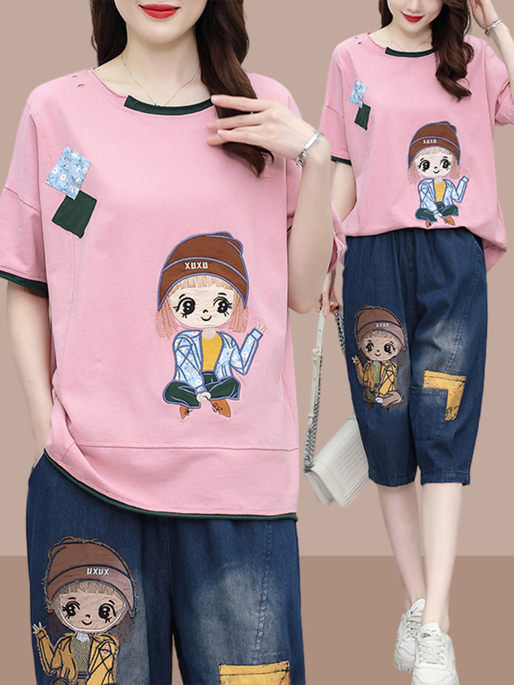 Women Fashion Over The Years - Modieus patchwork T-shirt met korte mouwen