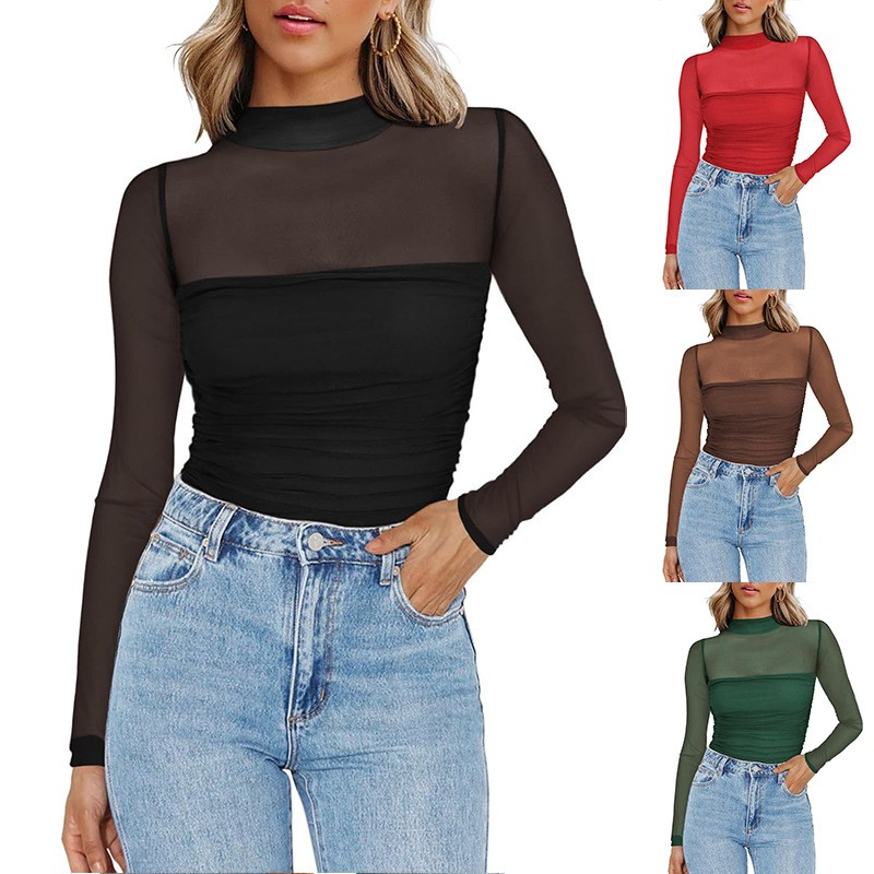 Women Fashion Blouse - Dames effenkleurige doorschijnende mesh blouse met