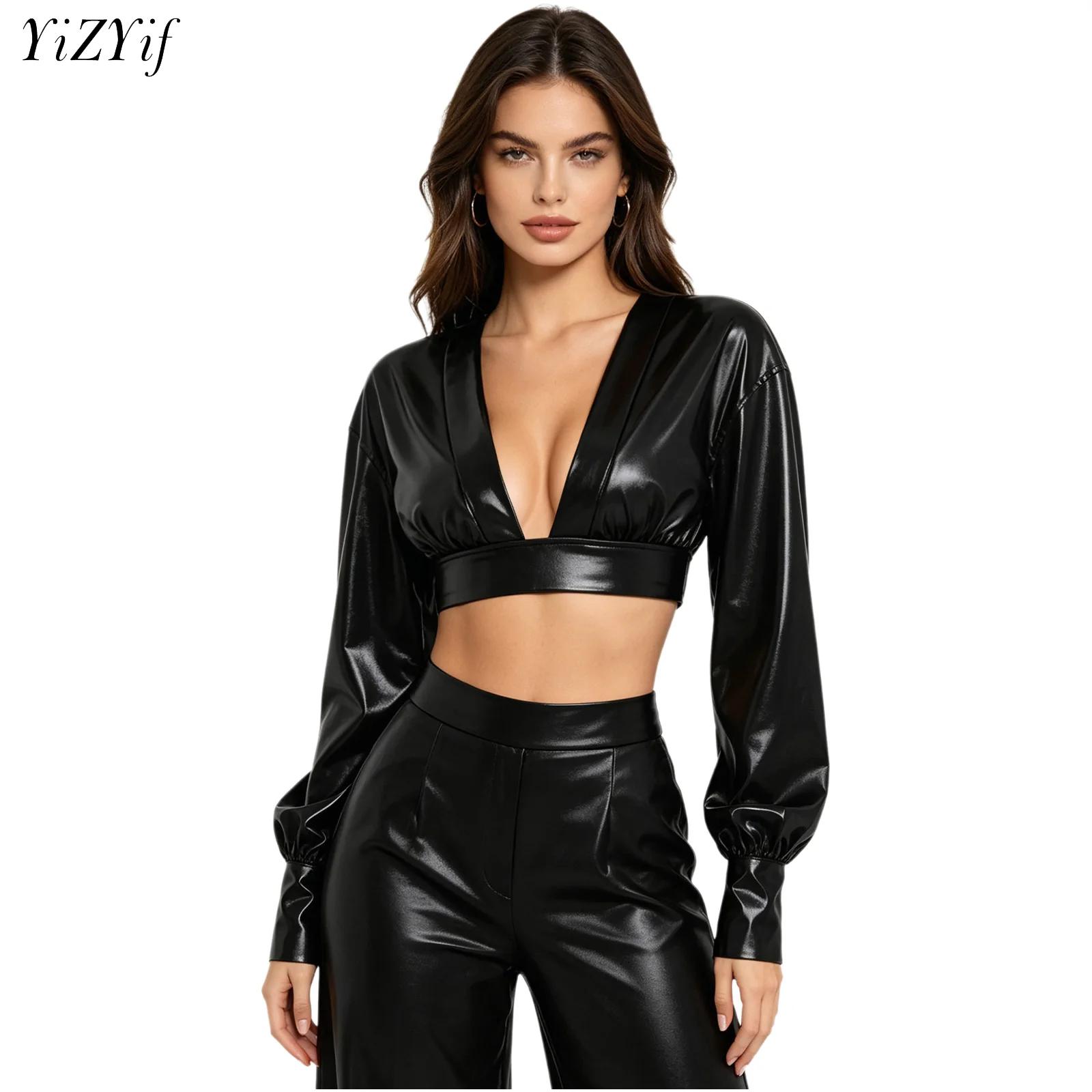 Women Fashion Blouse - Dames Y2K Metallic Glanzende Hiphop Cropped