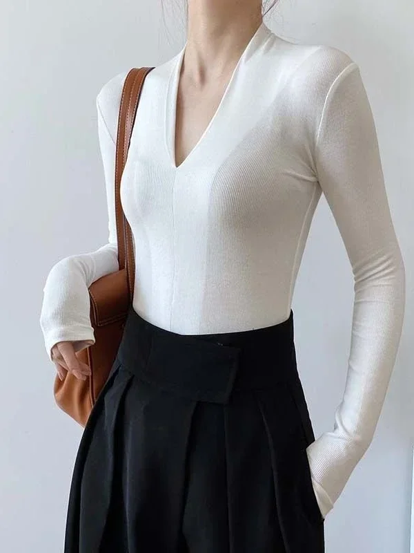 V-hals Slim Shirts Langarm Top - Women Fashion Blouse recensie en prijs